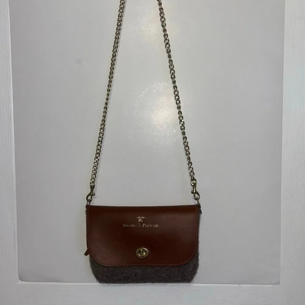 Sword & Plough Women Gray Crossbody Bag Purse Gold Chain Brown Leather